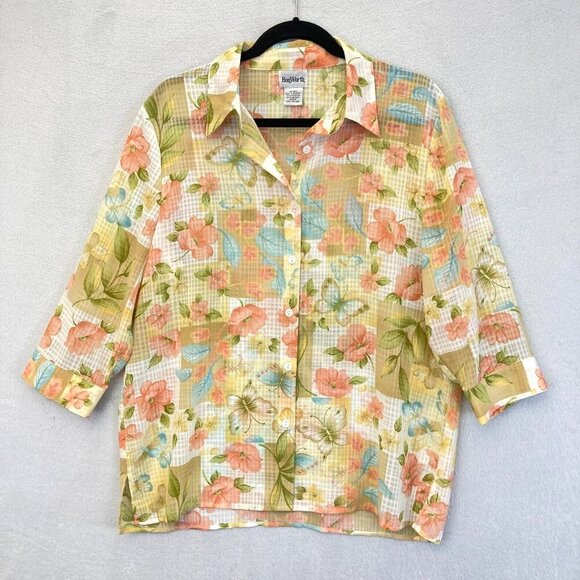 BonWorth Sheer Floral Butterfly Button Up Blouse Top Medium 3/4 Sleeve Colorful - Picture 1 of 14